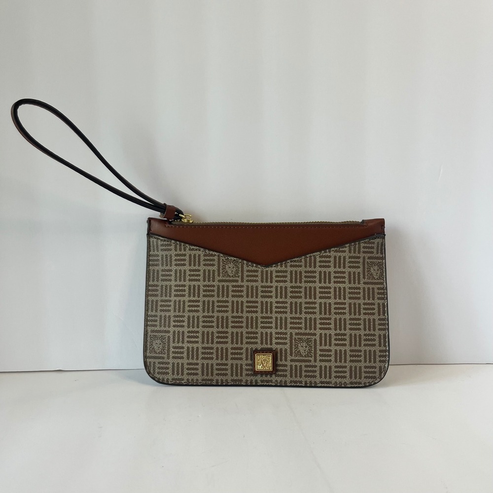 Anne Klein Brown Geometric Logo Print Wristlet Clutch Bag Gold‎ Tone Hardware